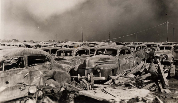 A parking lot 400 meters from the Port of Texas City after the explosion. | University of Houston Digital Library. Public Domain.