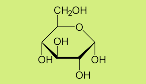 A Haworth projection of the molecular structure of glucose. The lines represent chemical bonds between atoms. Some of the carbon (and hydrogen) atoms are at junctions between two bonds.