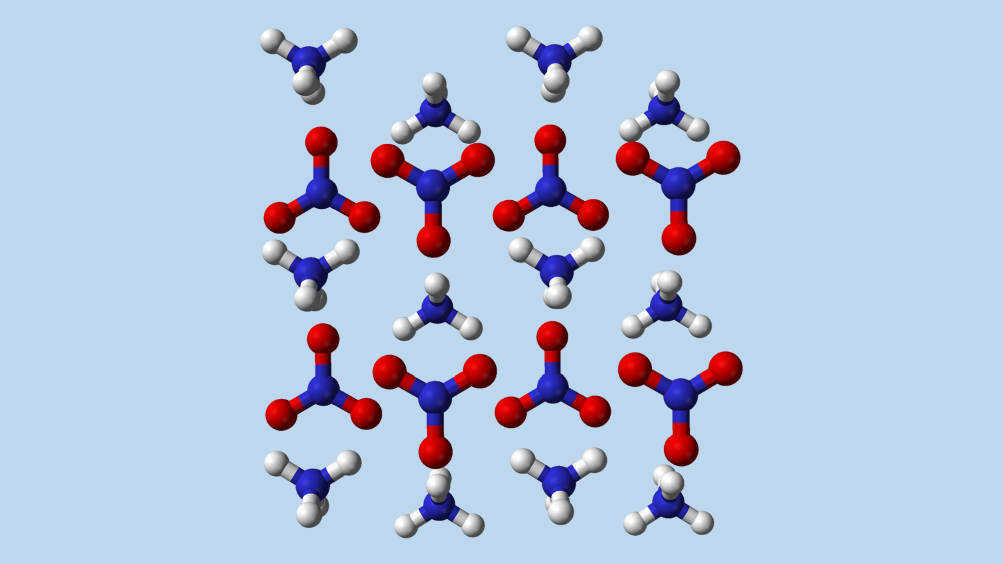 An ammonium nitrate molecule (nitrogen—blue; oxygen—red; hydrogen—white). Source: Wikipedia, Public Domain.