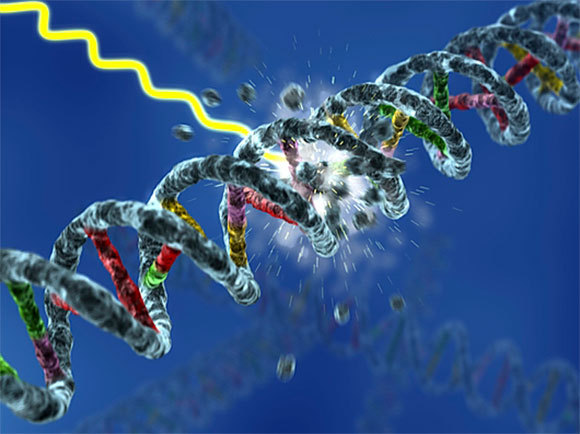 When a sufficiently large amount of ionizing radiation hits a DNA molecule in our body, it can induce mutations. Illustration of damage done to genetic material |  Equinox Graphics, Science Photo Library