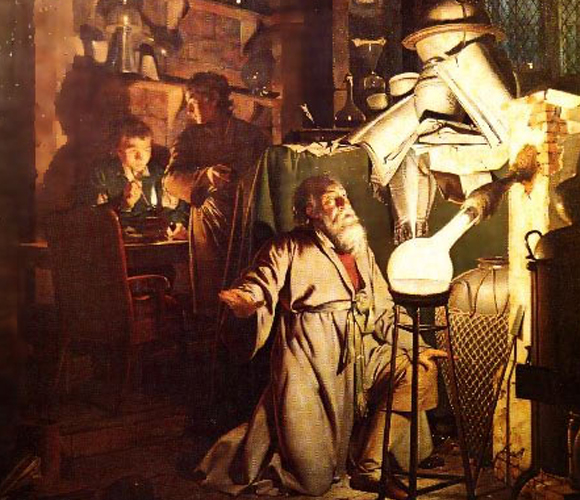 Ein Alchimist und seine Helfer bei der Arbeit. Gemälde von Joseph Wright aus dem 18. Jahrhundert. Quelle: Wikipedia