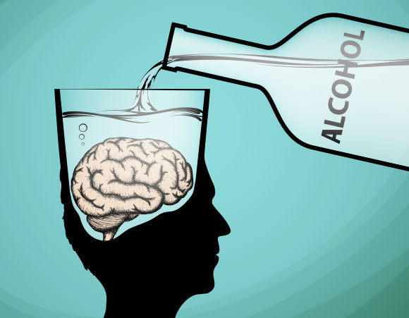 A drawing of alcohol being poured into a human brain | Shutterstock, TrifonenkoIvan