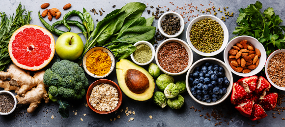 A diet that is beneficial to your health as well as to the environment: an assortment of vegetables, fruits, legumes, grains and nuts | Photo: Natalia Lisovskaya, Shutterstock