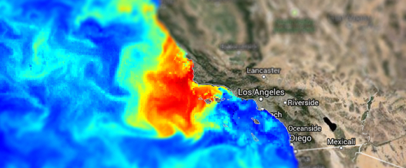 Algenblütenkonzentration (rot) an den Stränden Kaliforniens im Jahr 2015. Quelle: NOAA.